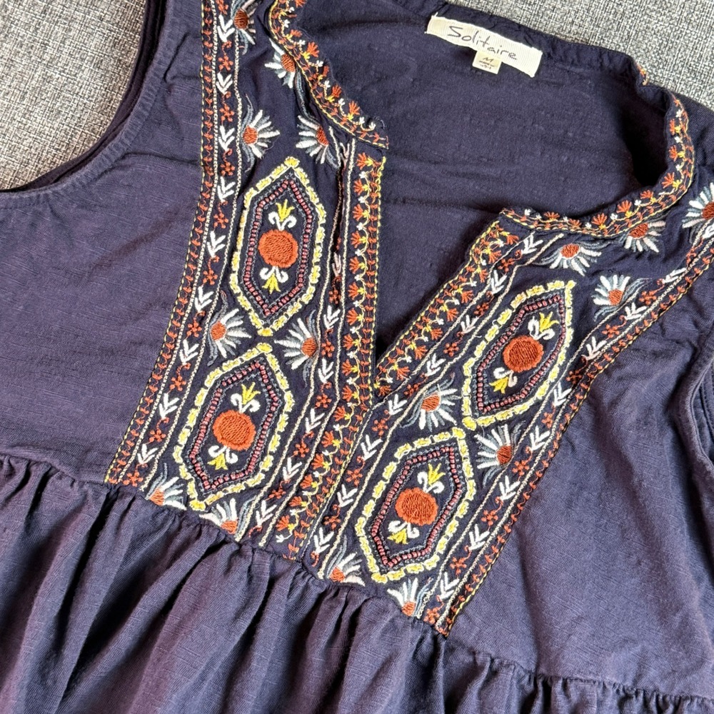 Women Solitaire Peplum Top | Size M | Navy Blue Embroidered Boho Sleeveless